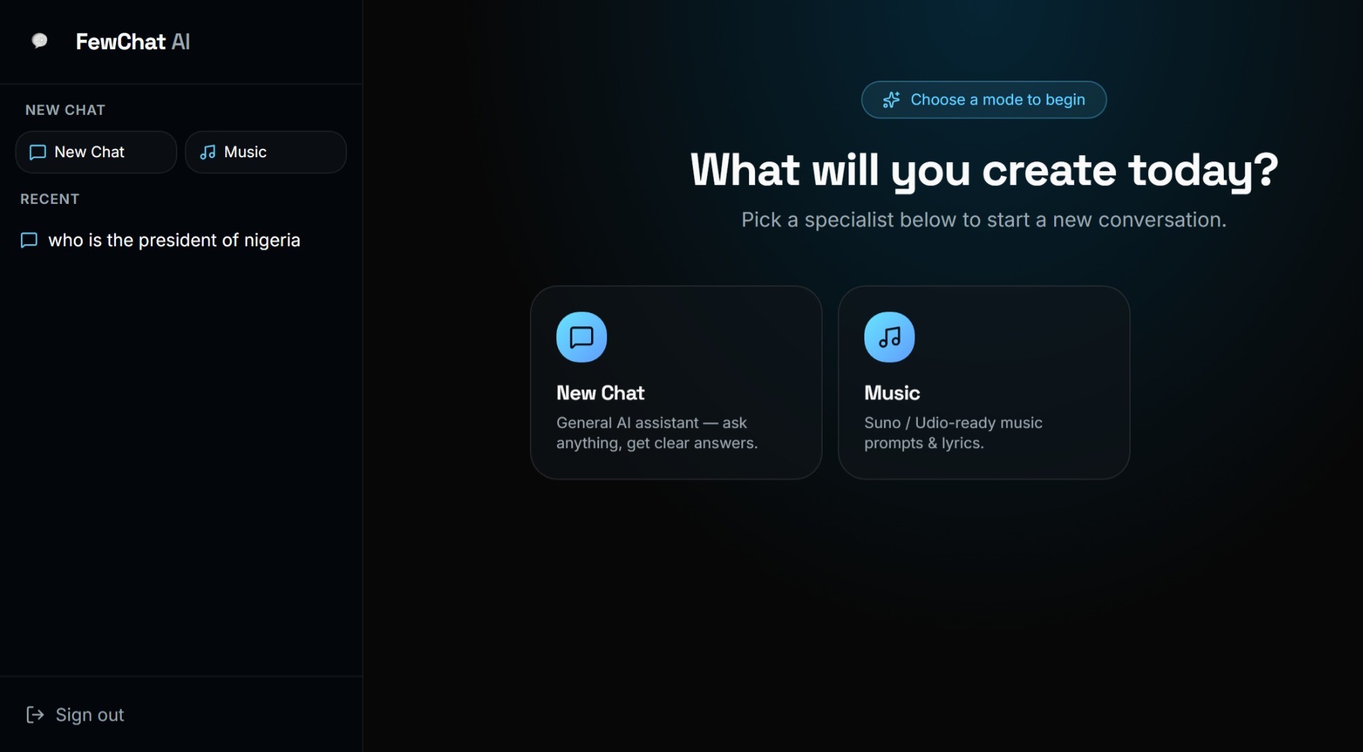 The FewChat AI workspace showing the ad script generator